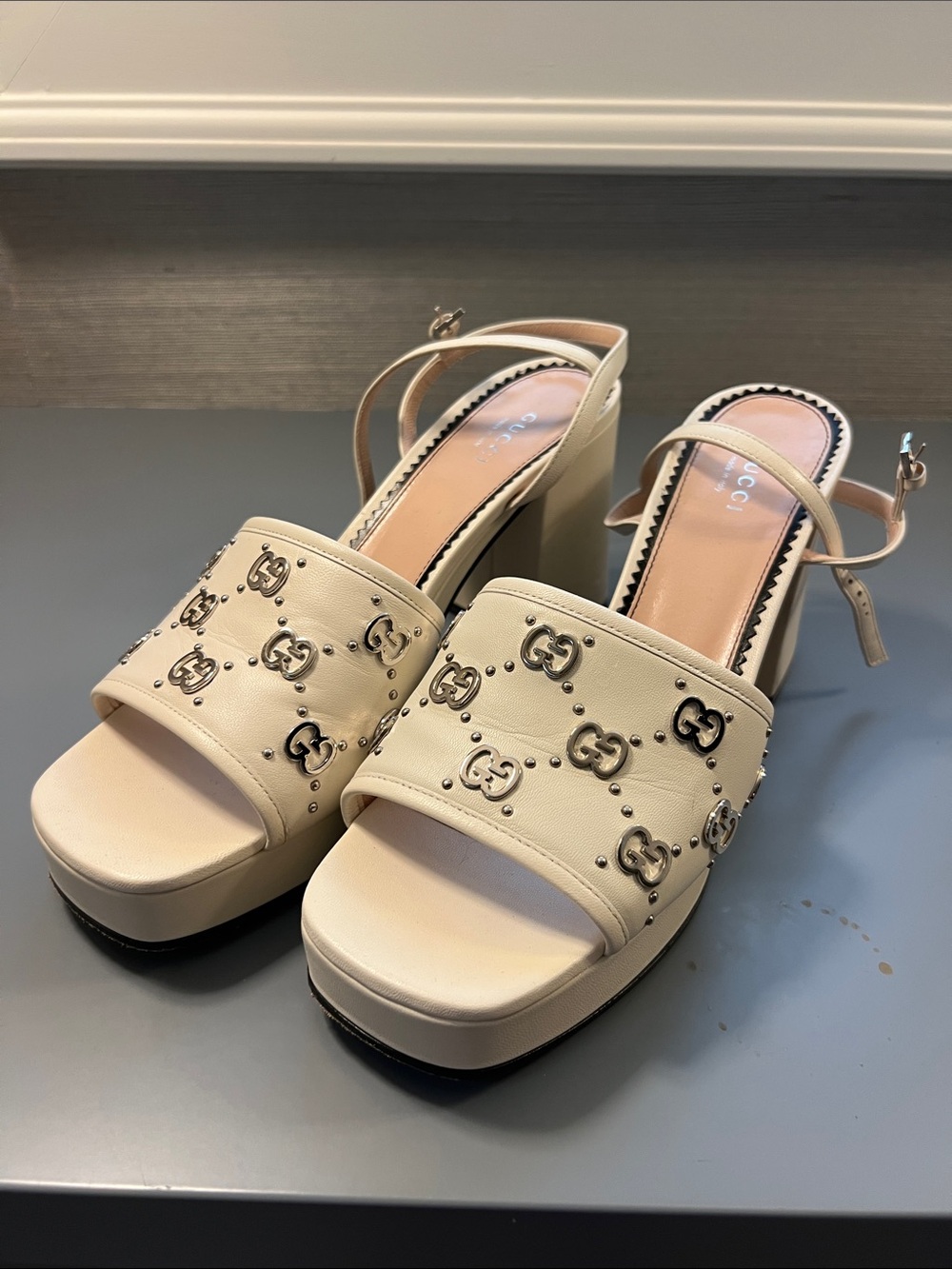 Gucci Cream Platform Slingback Sandals with Studded GG Motif